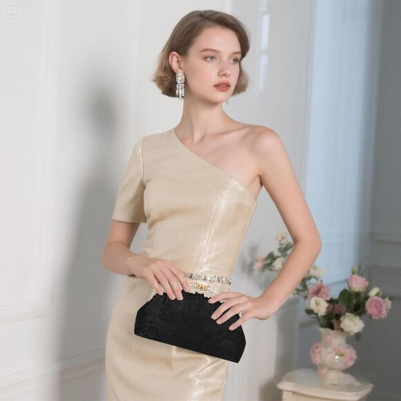 ⚡ Women's Fabric Lace Pearl Chain Rhinestones Black Shoulder Clutch Bag - Picture 3 of 9